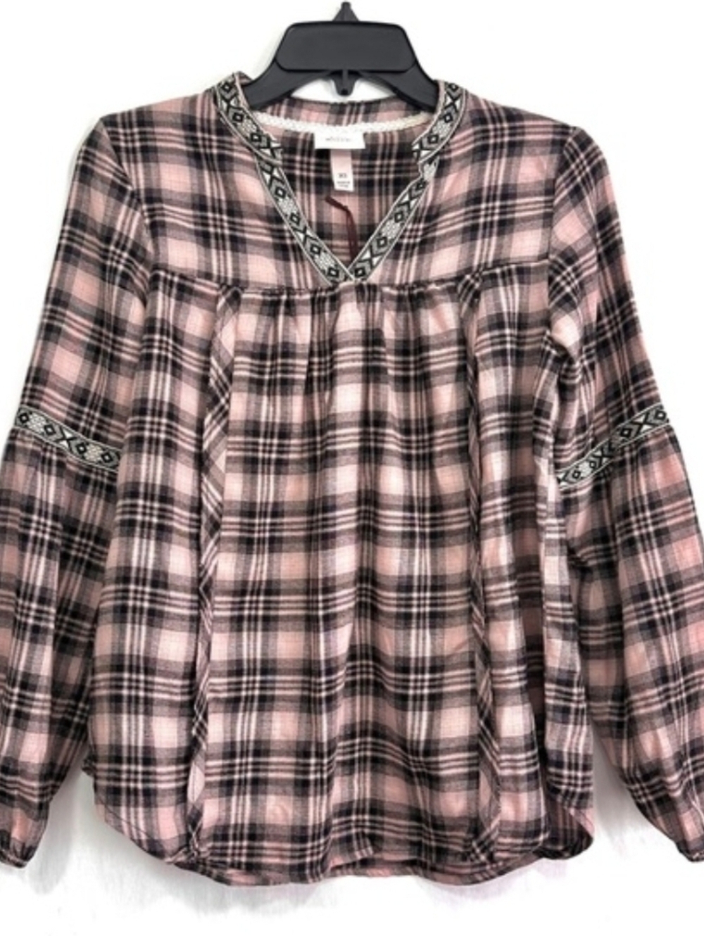 Knox Rose Top Pink Black Plaid Popover Casual Flannel Babydoll Shirt Blouse